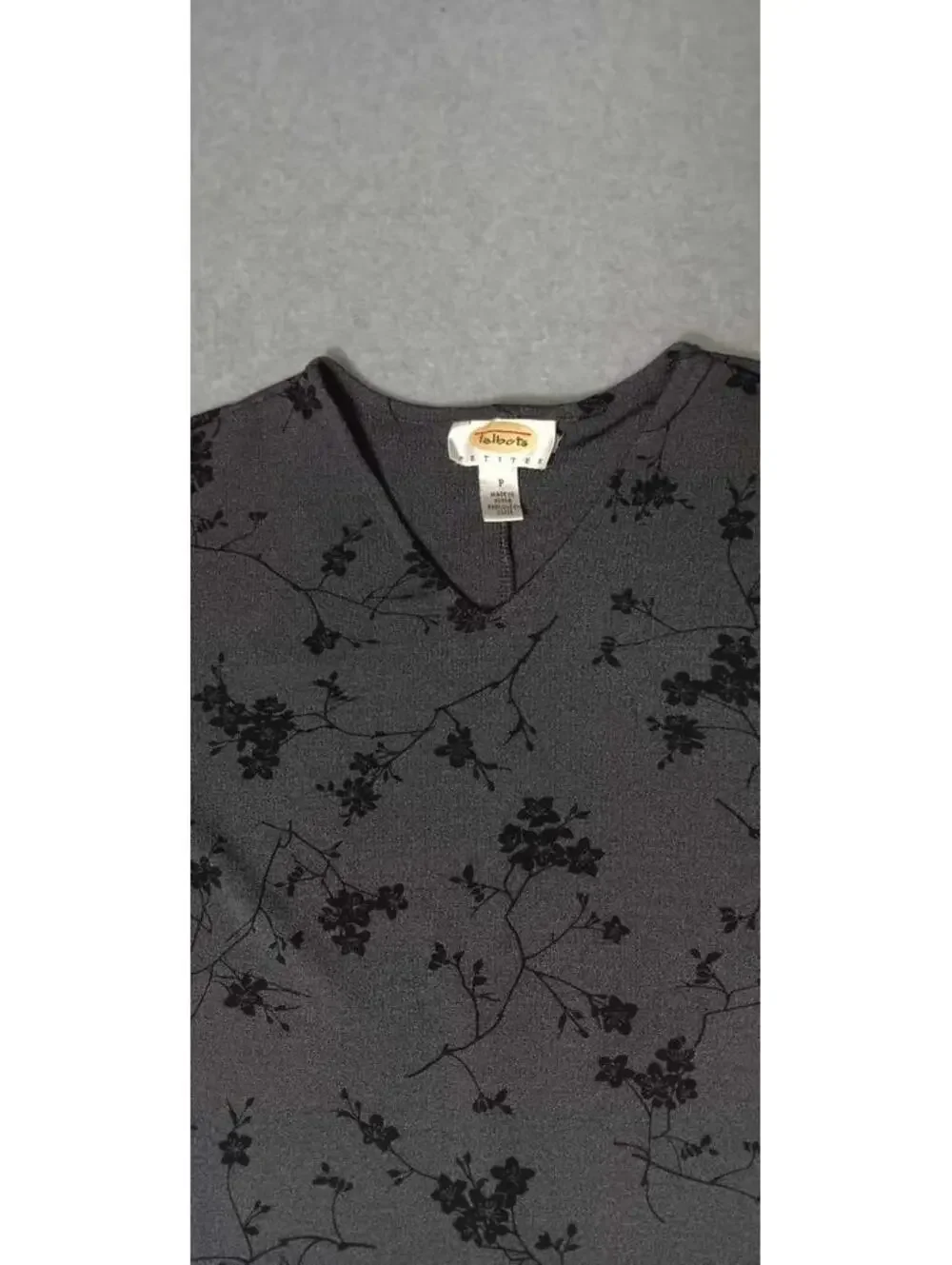 Talbots Petites Maxi Dress Womens Size P Grey Gray With Black Flowers Vneck...